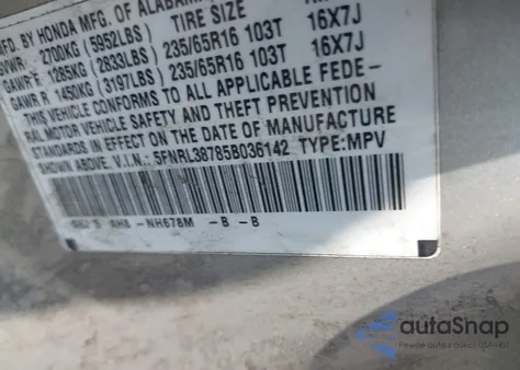 2005 Honda Odyssey Ex-L z USA, uszkodzony, nr VIN 5FNRL38785B036142